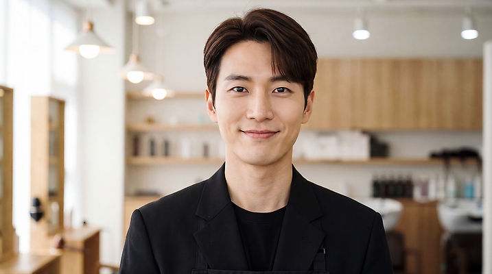 JPG 편집이미지 헤어스타일 남자 관리 미소 내부 미용실 미용사 고객 서비스 단정 스타일링 의료성형뷰티 편집실사 AI인물포토 AI콘텐츠 직업 컨셉 표정 사람 뷰티샵 CG 파일형식 AI포토 상점