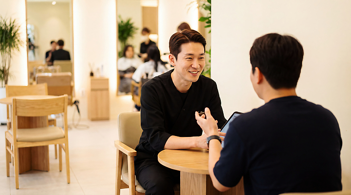 JPG 편집이미지 남자 커피 의자 이야기 대화 웃음 손짓 두명 공간 만남 미용실 미용사 고객 의료성형뷰티 편집실사 AI인물포토 AI콘텐츠 직업 음료 가구 컨셉 모션 표정 말하기 사람 뷰티샵 CG 파일형식 AI포토 생활용품 상점 오브젝트
