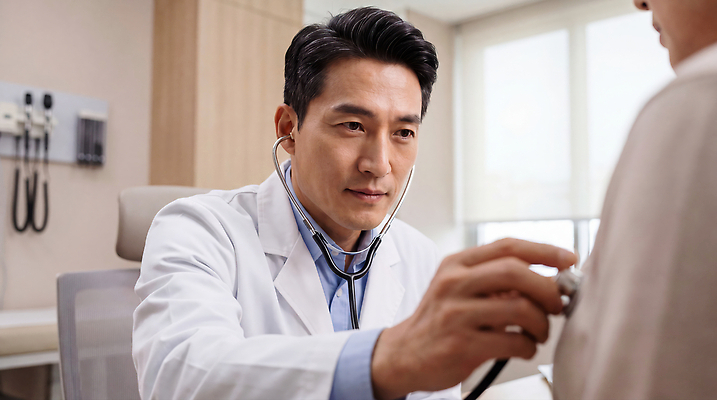 JPG 편집이미지 남자 청진기 건강 병원 치료 진료 환자 의사 전문직 검사 상담 진료실 의료성형뷰티 편집실사 AI인물포토 AI콘텐츠 직업 의학 의료기기 사람 의료진 CG 파일형식 AI포토