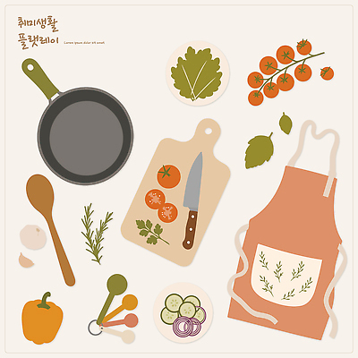 음식 토마토 일러스트 재료 양파 오이 도마 건강 요리 취미 주방 식사 앞치마 도구 칼 양상추 준비 엘리먼트 플랫레이 국내일러스트 AI파일 채소 주방용품 플랫 파일형식 벡터 생활용품 오브젝트
