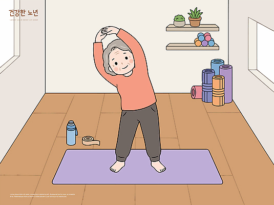 웰빙 노년 할머니 포즈 신체 일러스트 요가 실내 실버라이프 운동 스트레칭 공간 매트 균형 유연 연습 노후건강 차분 국내일러스트 AI파일 라이프스타일 여자 컨셉 건강 성인 내부 노후 파일형식 벡터 사람 생활