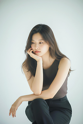 JPG 모델 편집이미지 손 옷 여자 얼굴 포즈 생각 스튜디오 앉기 뷰티풀 의료성형뷰티 스타일 편집실사 AI인물포토 AI콘텐츠 모션 사람 신체부위 CG 파일형식 AI포토