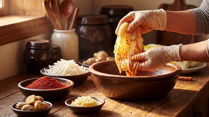 JPG 편집이미지 한국전통 그릇 손 장갑 재료 김치 마늘 요리 주방 양념 무 배추 김장 생강 고춧가루 의료성형뷰티 편집실사 전통 식기 잡화 한식 채소 뿌리채소 한국 신체부위 가루 CG 파일형식 아시아 음식 사람 나라