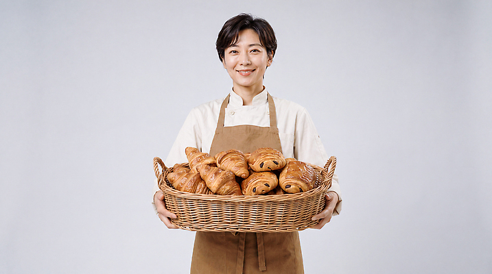 JPG 편집이미지 손 여자 빵 디저트 요리 미소 바구니 상점 앞치마 작업 크루아상 제빵 제빵사 의료성형뷰티 편집실사 AI인물포토 AI콘텐츠 직업 음식 표정 사람 신체부위 제과제빵 CG 파일형식 AI포토
