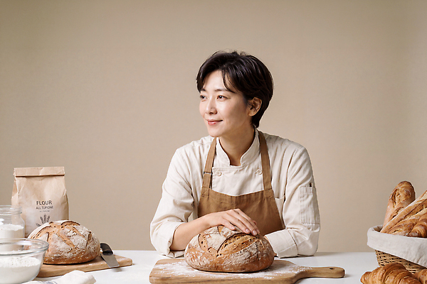 JPG 편집이미지 여자 빵 재료 디저트 요리 앞치마 밀가루 제빵 베이커 작업대 제빵사 핸드메이드 의료성형뷰티 편집실사 AI인물포토 AI콘텐츠 직업 음식 사람 제과제빵 가루 CG 파일형식 AI포토