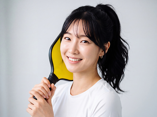 JPG 편집이미지 긴머리 여자 얼굴 스포츠 포즈 실내 웃음 취미 운동 즐거움 의료성형뷰티 편집실사 피클볼라켓 AI인물포토 AI콘텐츠 헤어스타일 감정 표정 건강 사람 내부 신체부위 라켓 CG 파일형식 피클볼 AI포토 스포츠용품 구기 오브젝트