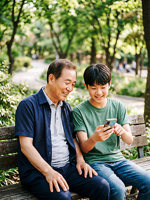 JPG 나무 식물 편집이미지 공원 할아버지 노년 가족 손자 함께함 대화 앉기 스마트폰 가르침 즐거움 소통 의료성형뷰티 편집실사 AI인물포토 AI콘텐츠 공공시설 교육 남자 감정 컨셉 관계 모션 말하기 성인 핸드폰 스마트기기 손주 CG 파일형식 AI포토 사람 전자제품 시설