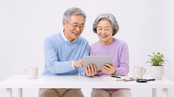 JPG 식물 편집이미지 여자 할아버지 노년 남자 할머니 커피 가족 탁자 함께함 기술 대화 웃음 태블릿 노부부 소통 의료성형뷰티 편집실사 AI인물포토 AI콘텐츠 부부 음료 가구 컨셉 관계 표정 말하기 사람 성인 전자제품 스마트기기 CG 파일형식 AI포토 커플 생활용품 모션 오브젝트