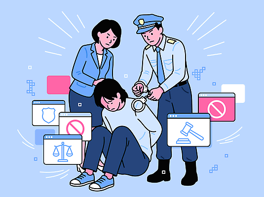 여자 남자 일러스트 디지털 범죄 경찰 체벌 범인 사건 수갑 법 증거 과정 정의 법정 인터넷보안 정보보호 체포 디지털범죄 국내일러스트 AI파일 직업 컨셉 사람 보호 보안 파일형식 벡터 안전