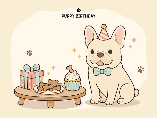 모자 행복 리본 반려견 음식 일러스트 탁자 디저트 선물 반려동물 파티 쿠키 축하 생일 강아지 컵케이크 즐거움 생일축하 프렌치불독 국내일러스트 AI파일 동물 잡화 기념일 감정 가구 컨셉 이벤트 케이크 개 불독 파일형식 벡터 생활용품 포유류 오브젝트