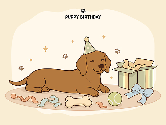 동물 감정 리본 일러스트 포장 공 놀이 디저트 반려동물 상자 장난감 귀여움 축하 생일파티 생일 강아지 즐거움 생일축하 국내일러스트 AI파일 기념일 음식 컨셉 개 파일형식 벡터 포유류 이벤트