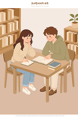 캐릭터 교육 가구 컨셉 관계 모션 말하기 사람 파일형식 벡터 도서관 학습 남자 여자 책 식물 앉기 탁자 대화 친구 표정 기록 자료 집중 일러캐릭터 AI파일 일러스트