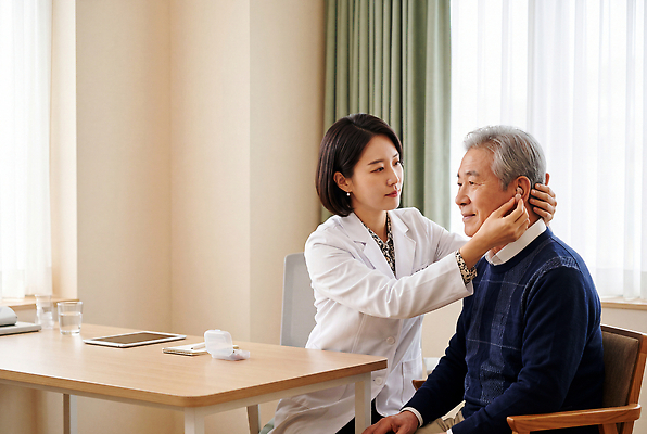 JPG 편집이미지 여자 노년 남자 의학 건강 병원 대화 치료 진료 환자 의사 전문직 상담 점검 면담 상담실 이명 이비인후과 의료성형뷰티 편집실사 AI인물포토 AI콘텐츠 직업 말하기 사람 성인 의료진 CG 파일형식 AI포토 모션