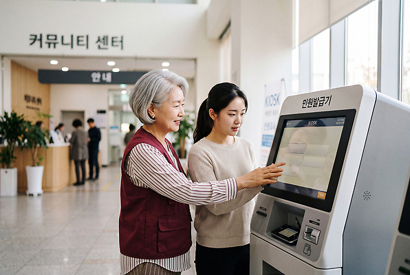 JPG 편집이미지 노년 기술 여러명 스크린 정보 도움 서비스 안내원 소통 기능 키오스크 의료성형뷰티 사용자 액티브시니어 편집실사 AI인물포토 AI콘텐츠 직업 다수 컨셉 사람 성인 실버라이프 CG 파일형식 AI포토 라이프스타일 생활