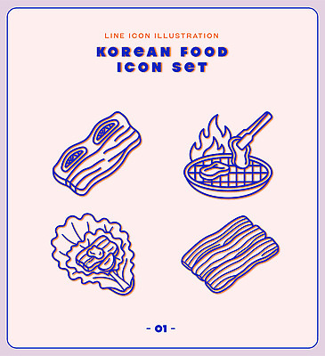전통 한식 음식 라인일러스트 일러스트 한국 요리 삼겹살 먹거리 숯불갈비 스타일 LA갈비 국내일러스트 AI파일 아시아 돼지고기 소고기 파일형식 벡터 나라 육류 식재료
