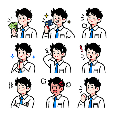 남자 행복 지폐 돈 생각 일러스트 스트레스 표정 상반신 희망 놀람 기쁨 분노 기도 비즈니스맨 자신감 신용카드 한숨 결심 즐거움 걱정 당황 안도 황당 머쓱 깨달음 국내일러스트 AI파일 감정 컨셉 비즈니스 사람 금융 직장인 재산 파일형식 벡터 직업 경제
