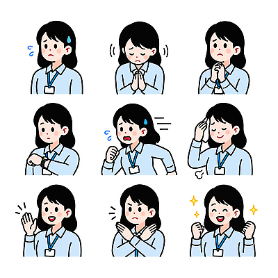 여자 행복 시계 일러스트 직장 표정 대화 손짓 상반신 일상 달리기 기쁨 기도 업무 비즈니스우먼 사과 X 불안 만족 고민 걱정 손인사 긴장 당황 설렘 안도 국내일러스트 AI파일 알파벳 감정 과일 회사 비즈니스 모션 말하기 사람 라이프 인사 작업 직장인 파일형식 벡터 직업 영어 생활 예절 문자