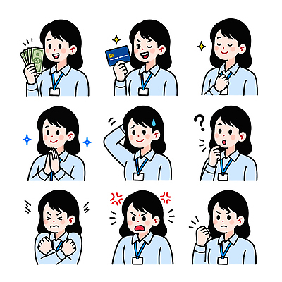 여자 지폐 돈 생각 일러스트 회의 스트레스 표정 미소 희망 기쁨 분노 비즈니스우먼 자신감 신용카드 결심 무서움 고민 걱정 당황 의문 반응 흥미 머쓱 국내일러스트 AI파일 감정 컨셉 비즈니스 사람 금융 직장인 재산 파일형식 벡터 직업 경제