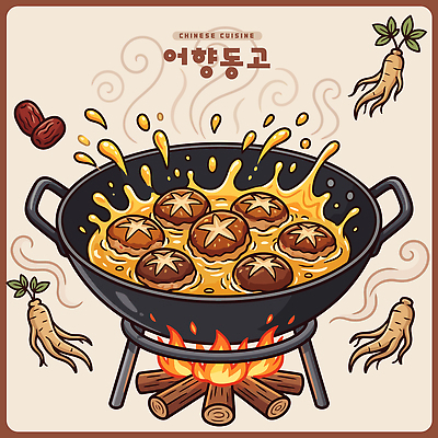 전통 음식 일러스트 재료 주방용품 요리 중식 버섯 튀김 뜨거움 팬 끓이기 어향동고 맛있는 국내일러스트 AI파일 생활용품 모션 파일형식 벡터 오브젝트