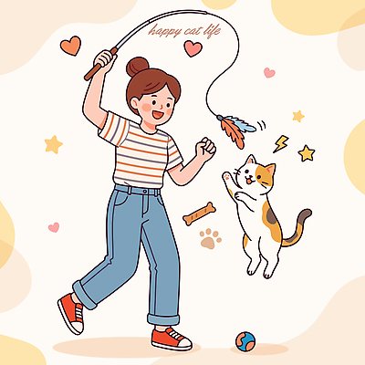 여자 행복 일러스트 장난 공 놀이 실내 웃음 친구 반려동물 장난감 귀여움 고양이 청바지 즐거움 놀기 반려묘 냥집사 고양이낚시대 국내일러스트 AI파일 동물 감정 컨셉 바지 포유류 관계 모션 표정 사람 내부 합성어 파일형식 벡터 애묘용품 하의 신조어 반려용품 옷 오브젝트 유행어 유행