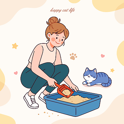 여자 행복 모래 일러스트 사랑 일상 반려동물 고양이 편안함 청소 관심 돌봄 반려묘 냥집사 상호작용 국내일러스트 AI파일 동물 감정 포유류 모션 사람 라이프 감각 합성어 파일형식 벡터 생활 신조어 유행어 유행