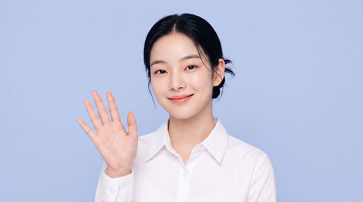 JPG 편집이미지 여자 포즈 셔츠 표정 미소 웃음 인사 자산관리 손흔들기 의료성형뷰티 편집실사 AI인물포토 AI콘텐츠 상의 모션 사람 경제 예절 CG 파일형식 AI포토 옷