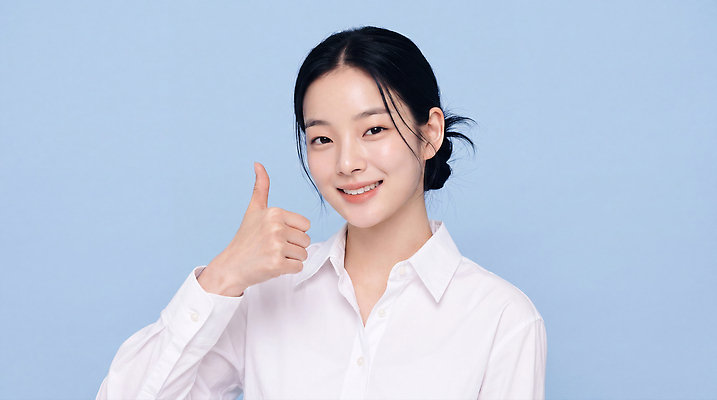 JPG 편집이미지 여자 행복 얼굴 포즈 하늘색 미소 촬영 엄지손가락 자신감 자산관리 의료성형뷰티 스타일 편집실사 AI인물포토 AI콘텐츠 감정 손가락 표정 사람 신체부위 경제 파란색 CG 파일형식 AI포토 손 컬러