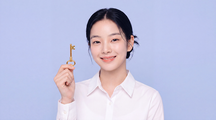 JPG 편집이미지 여자 포즈 열쇠 표정 미소 들기 촬영 직장인 파란배경 자산관리 의료성형뷰티 편집실사 AI인물포토 AI콘텐츠 직업 모션 사람 경제 파란색 CG 파일형식 AI포토 컬러