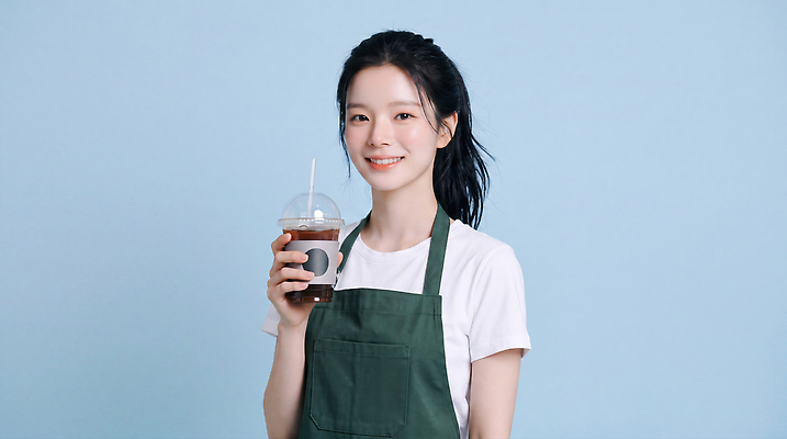 JPG 편집이미지 직업 여자 커피 음료 미소 카페 조리복 서비스 파란배경 바리스타 아르바이트 의료성형뷰티 편집실사 AI인물포토 AI콘텐츠 유니폼 표정 사람 파란색 상점 CG 파일형식 AI포토 옷 컬러