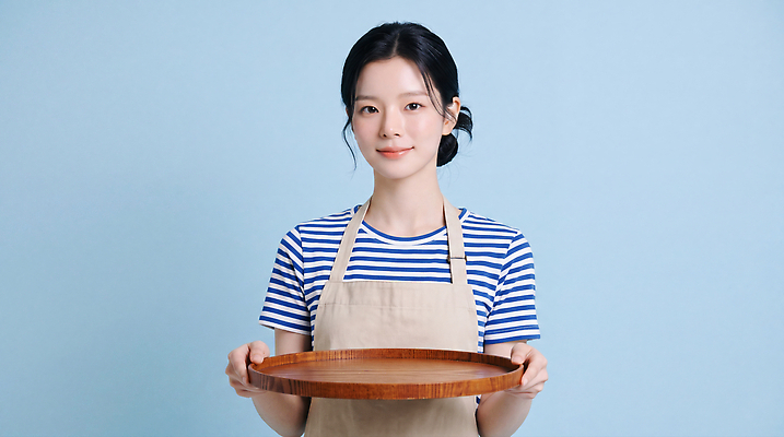 JPG 편집이미지 여자 포즈 주방용품 앞치마 파란배경 아르바이트 나무접시 식사준비 의료성형뷰티 편집실사 AI인물포토 AI콘텐츠 접시 생활용품 사람 파란색 CG 준비 파일형식 AI포토 식기 컬러 오브젝트