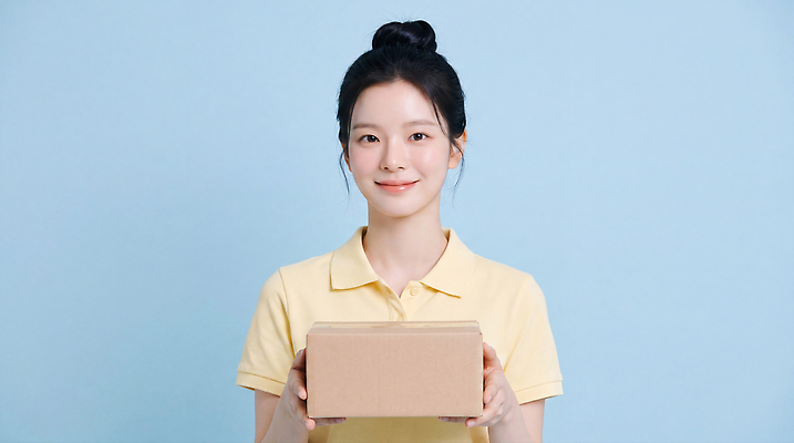 JPG 편집이미지 여자 행복 셔츠 미소 상자 귀여움 오브젝트 전달 파란배경 소포 아르바이트 의료성형뷰티 편집실사 AI인물포토 AI콘텐츠 감정 컨셉 상의 표정 사람 파란색 배송 CG 파일형식 AI포토 옷 컬러