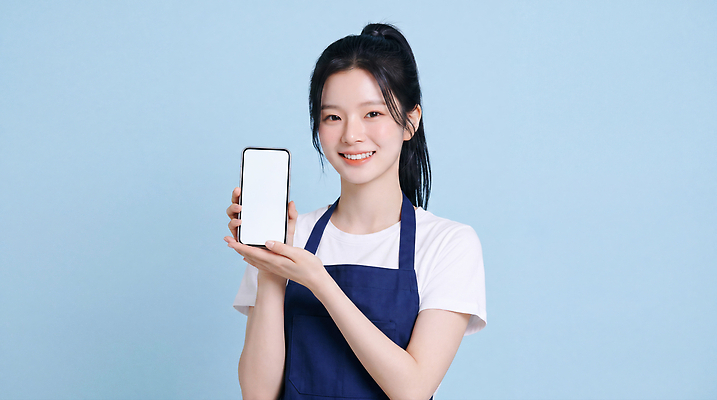 JPG 편집이미지 여자 포즈 티셔츠 커뮤니케이션 기술 표정 웃음 일상 스마트폰 앞치마 파란배경 아르바이트 의료성형뷰티 편집실사 AI인물포토 AI콘텐츠 셔츠 사람 라이프 파란색 핸드폰 스마트기기 CG 파일형식 AI포토 컬러 상의 생활 전자제품 옷