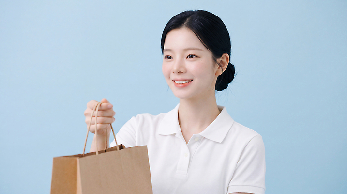 JPG 편집이미지 여자 티셔츠 웃음 쇼핑 종이봉투 상점 구매 즐거움 오브젝트 아르바이트 의료성형뷰티 편집실사 AI인물포토 AI콘텐츠 감정 셔츠 봉투 표정 사람 CG 파일형식 AI포토 상의 옷