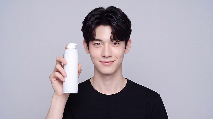 JPG 모델 편집이미지 남자 티셔츠 웃음 상반신 뷰티 검은색 촬영 화장품 용기 상품 피부관리 스킨케어 의료성형뷰티 그루밍족 편집실사 AI인물포토 AI콘텐츠 그릇 컬러 셔츠 표정 사람 CG 파일형식 AI포토 식기 상의 옷