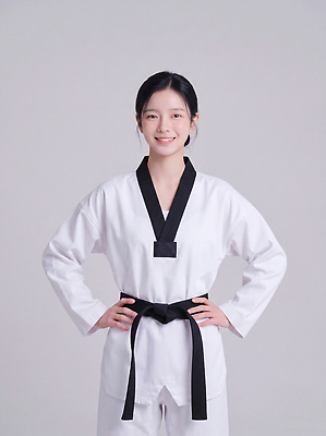 JPG 편집이미지 전통 옷 여자 스포츠 포즈 기술 도복 경기 운동 체육 연습 태권도 태권도복 검은띠 의료성형뷰티 편집실사 AI인물포토 AI콘텐츠 스포츠용품 건강 사람 격투기 끈 CG 파일형식 AI포토 오브젝트