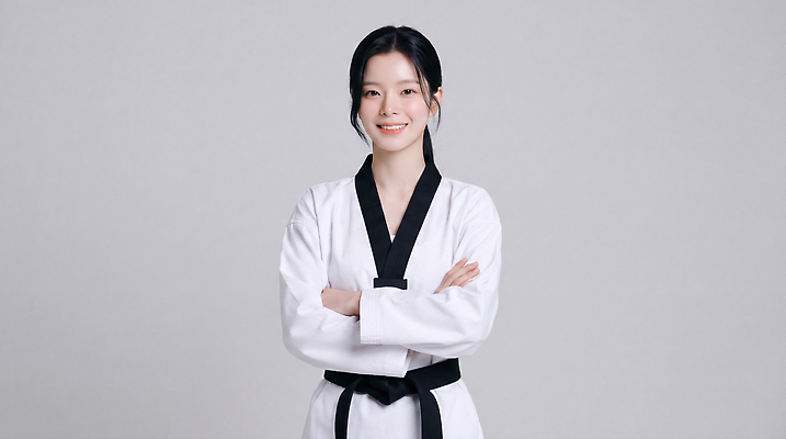 JPG 편집이미지 여자 포즈 도복 미소 경기 운동 팔짱 무도 체육 연습 태권도 태권도복 검은띠 의료성형뷰티 편집실사 AI인물포토 AI콘텐츠 옷 스포츠용품 스포츠 모션 표정 건강 사람 격투기 끈 CG 파일형식 AI포토 오브젝트
