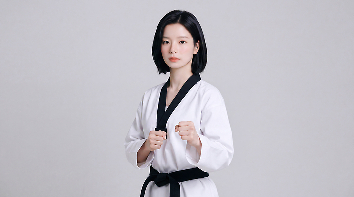 JPG 편집이미지 여자 스포츠 포즈 도복 운동 주먹 무도 체육 연습 태권도 준비 태권도복 검은띠 의료성형뷰티 편집실사 AI인물포토 AI콘텐츠 옷 스포츠용품 모션 건강 사람 격투기 끈 CG 파일형식 AI포토 오브젝트