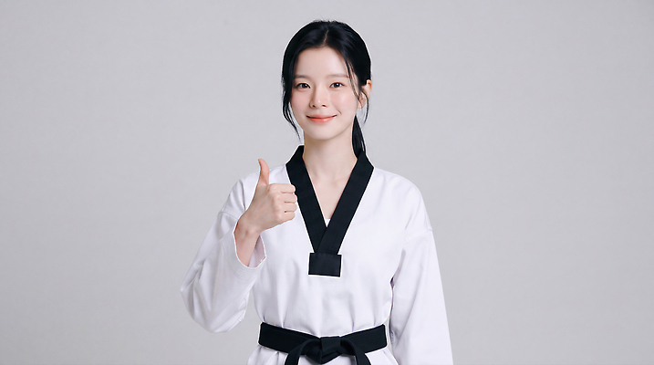 JPG 편집이미지 옷 여자 스포츠 포즈 기술 미소 운동 자신감 연습 태권도 태권도복 따봉 검은띠 의료성형뷰티 편집실사 AI인물포토 AI콘텐츠 감정 스포츠용품 표정 건강 도복 사람 격투기 엄지손가락 끈 최고 CG 파일형식 AI포토 손가락 오브젝트 손 신체부위