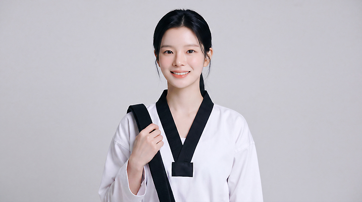 JPG 편집이미지 전통 옷 여자 예술 스포츠 포즈 한국 기술 미소 운동 연습 태권도 태권도복 검은띠 의료성형뷰티 편집실사 AI인물포토 AI콘텐츠 아시아 스포츠용품 표정 건강 도복 사람 격투기 끈 CG 파일형식 AI포토 나라 오브젝트