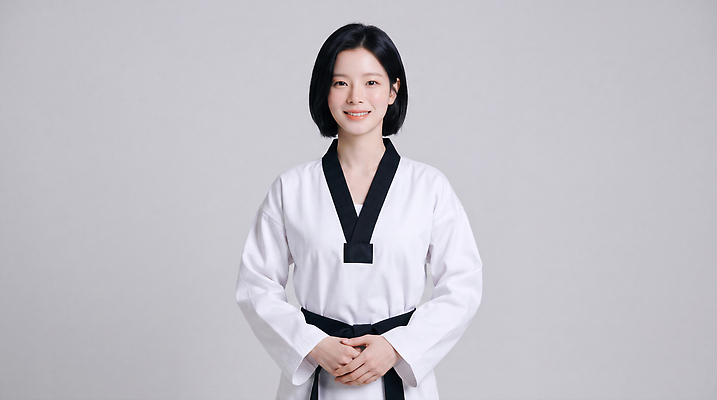 JPG 편집이미지 옷 여자 스포츠 포즈 운동선수 기술 실내 경기 운동 무도 자신감 연습 태권도 태권도복 검은띠 의료성형뷰티 편집실사 AI인물포토 AI콘텐츠 감정 스포츠용품 건강 도복 사람 내부 격투기 끈 CG 파일형식 AI포토 오브젝트