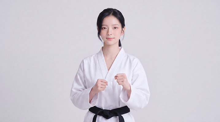 JPG 편집이미지 여자 스튜디오 기술 실내 서기 운동 주먹 무도 집중 연습 태권도 태권도복 유도복 검은띠 의료성형뷰티 편집실사 AI인물포토 AI콘텐츠 스포츠용품 스포츠 컨셉 모션 건강 도복 사람 내부 격투기 끈 CG 파일형식 AI포토 옷 오브젝트
