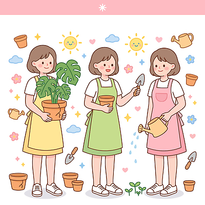 식물 여자 꽃 화분 일러스트 자연 도구 물주기 원예 반려식물 국내일러스트 AI파일 모션 사람 취미 생태계 파일형식 벡터