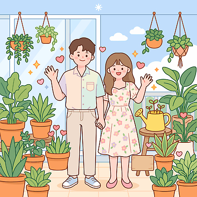 식물 커플 여자 남자 행복 화분 일러스트 자연 사랑 장식 손잡기 원예 다육식물 반려식물 국내일러스트 AI파일 감정 관계 모션 사람 취미 생태계 파일형식 벡터