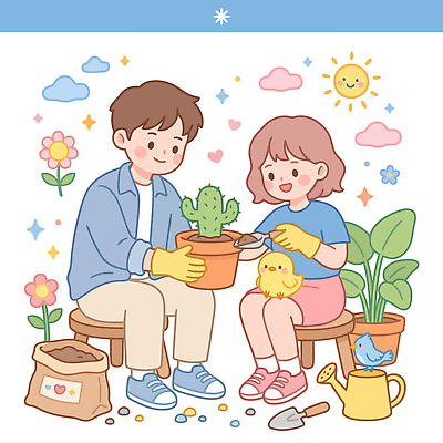 식물 여자 남자 꽃 화분 화초 일러스트 조류 여름 귀여움 정원 흙 기쁨 성장 도구 물주기 다육식물 심기 반려식물 국내일러스트 AI파일 동물 계절 감정 컨셉 모션 사람 파일형식 벡터