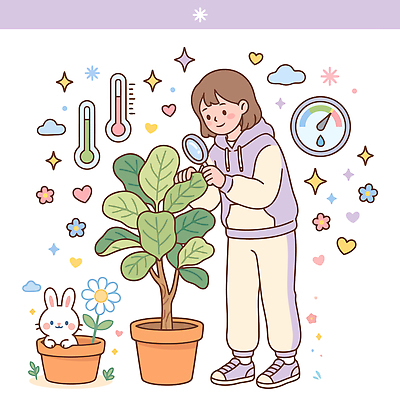 식물 여자 꽃 행복 일러스트 자연 사랑 취미 일상 장식 귀여움 환경 토끼 관찰 온도계 원예 확대경 관심 반려식물 국내일러스트 AI파일 감정 컨셉 포유류 모션 사람 라이프 반려동물 생태계 파일형식 벡터 동물 생활