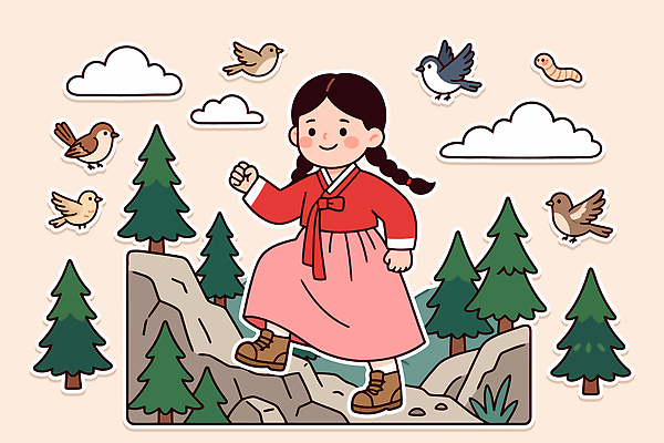 나무 동물 어린이 일러스트 자연 조류 새해 산 풍경 소녀 설날 걷기 탐험 한복 즐거움 국내일러스트 AI파일 정미년 붉은양 식물 한국전통 여자 명절 감정 모션 사람 양 전통의상 생태계 파일형식 벡터 2027년 전통 기념일 포유류 한국 연도 아시아 이벤트 나라