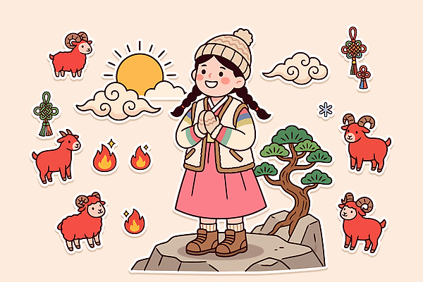 나무 동물 캐릭터 전통 행복 일러스트 불꽃 새해 산 소녀 설날 태양 기도 양 전통의상 국내일러스트 AI파일 정미년 붉은양 자연요소 식물 여자 명절 감정 어린이 포유류 불 파일형식 벡터 2027년 기념일 사람 연도 이벤트