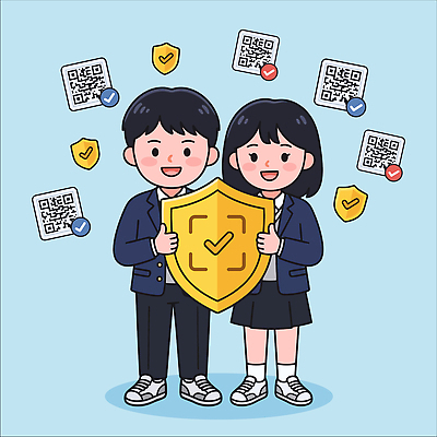 학생 디자인 상징 일러스트 학교 청소년 협력 기술 웃음 안전 친구 보호 방패 소통 QR코드 국내일러스트 AI파일 교육 컨셉 관계 표정 사람 파일형식 벡터