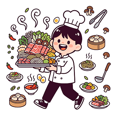 음식 채소 일러스트 재료 육류 요리 요리사 다양 면류 맛 해산물 만두 마라탕 맛있는 국내일러스트 AI파일 직업 다수 컨셉 식재료 중식 파일형식 벡터 마라