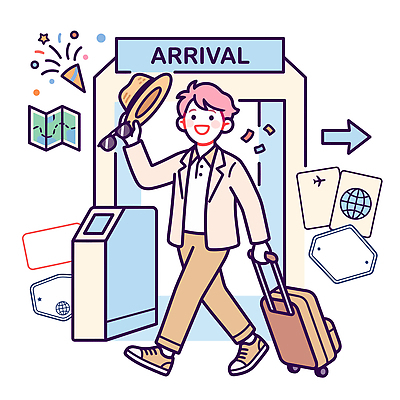 모자 여행 지도 가방 일러스트 비행기 사람 핸드폰 여행객 짐 공항 도착 여권 수하물 입국 국내일러스트 AI파일 잡화 항공교통 교통시설 대중교통 전자제품 파일형식 벡터 교통수단 교통 시설